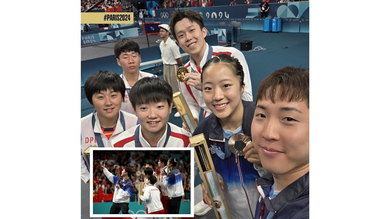 <div class="paragraphs"><p>Selfie taken by athletes of North Korea, South Korea and China at the Paris Olympics 2024.</p></div>